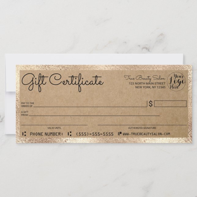 Carte Élégant moderne Gold Kraft chèque cadeau certifica (Devant)