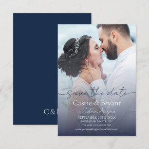 Carte Elegant Navy Blue Fade Photo Wedding Enregistrer l