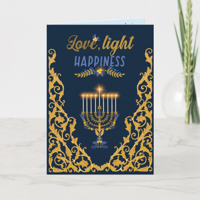 Carte Elegant Navy Blue Hanukkah Menorah (Devant)