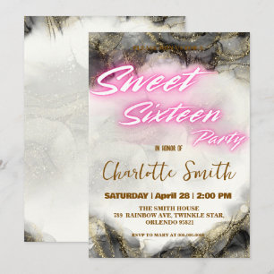 Carte Elégant néon rose rétro Or Sweet 16e anniversaire