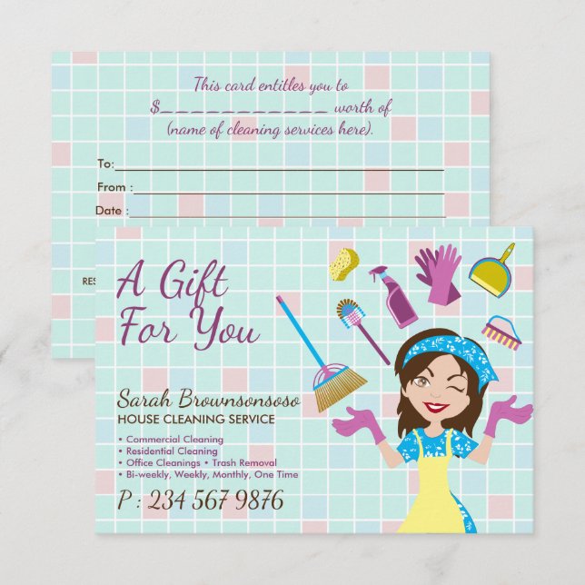 Carte Élégant nettoyage rose bleu mignon Maid Janitorial (Devant / Derrière)