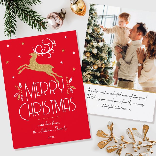 Carte Élégant Noël Reindeer Photo Red Gold Flat (Créateur téléchargé)