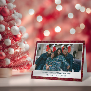 Carte Élégant Noël rouge et vert avec arbres et photo
