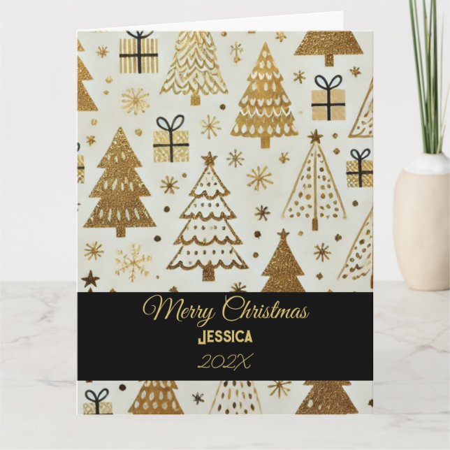 Carte Élégant Noir et Or Joyeux Noël Nom personnalisé (Devant)