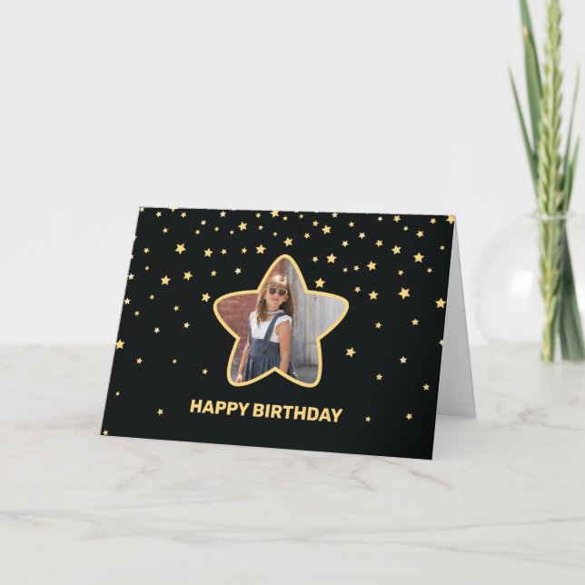 Carte Elégant noir et or Superstar photo Anniversaire (Devant)