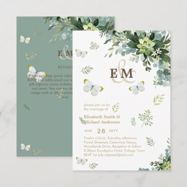 Carte Elégant Papillons de verdure Monogram Mariage Inv (Devant / Derrière)