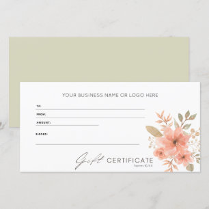 Carte Élégant Peach Floral Logo Certificat cadeau