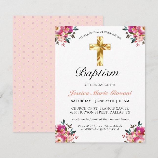 Carte Élégant Peach Rose Floral Gold Cross Baptism (Devant / Derrière)