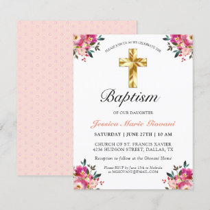 Carte Élégant Peach Rose Floral Gold Cross Baptism