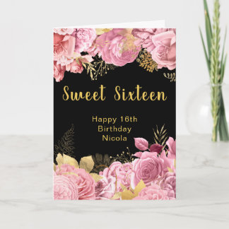 Carte Elegant Pink and Gold Flowers Sweet Sixteen