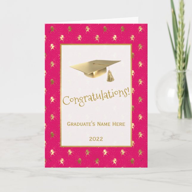 Carte Élégant Pink Gold Unicorns Graduation (Devant)