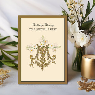 Carte Élégant prêtre catholique Gold Marian Cross Lilies