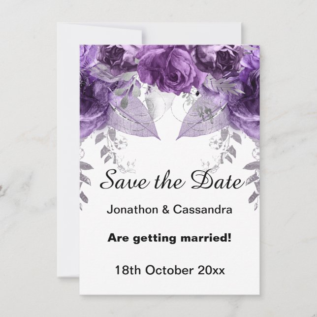 CARTE ÉLÉGANT PURPLE METALLIC FLORAL SAUVER LA DATE (Devant)