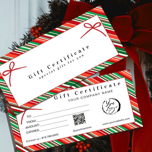 Carte Elegant Red & Green Striped Gift Certificate \ Bow (Elegant Red & Green Striped Gift Certificate with Bows #zazzlemade #christmasvouchercard #holiday)