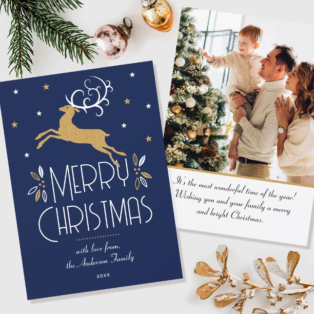 Carte Élégant Reindeer de Noël Photo Deep Blue Flat (Créateur téléchargé)