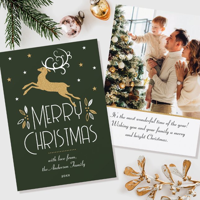 Carte Élégant Reindeer de Noël Photo Deep Green Flat (Créateur téléchargé)