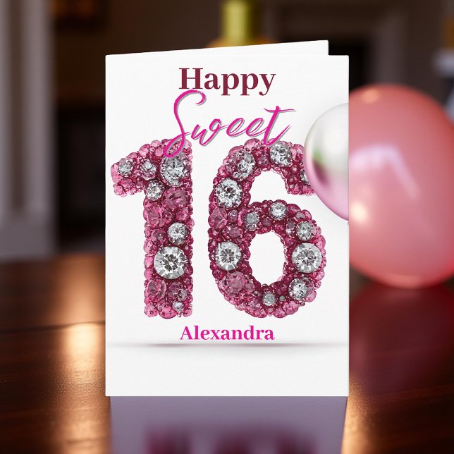 Carte Élégant rose et argent brillant Gemstone Sweet 16 (Créateur téléchargé)