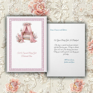 Carte Élégant rose et blanc bébé bébé fille Baptême