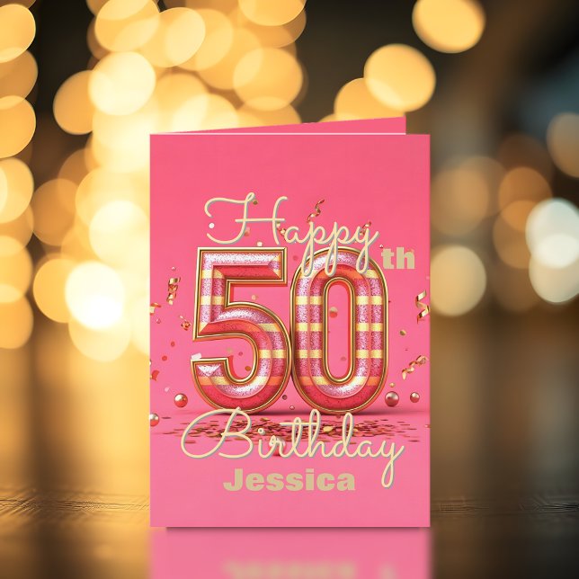 Carte Elégant rose et Gold Stripes 50e anniversaire (Créateur téléchargé)