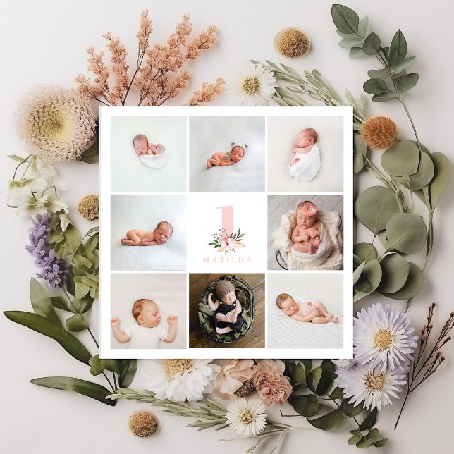 Carte élégant rose floral 1er anniversaire multi photo (Créateur téléchargé)