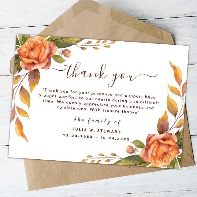 Carte Élégant Rose Floral Moderne Funérailles Merci Note (Créateur téléchargé)
