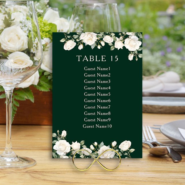 Carte Élégant Rose floral vert foncé Tableau de sièges (Seating Chart Card from the Princess Dress and Roses Collection by Darling & May)