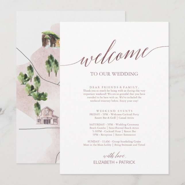 Carte Élégant Rose Gold Bienvenue Lettre Itinéraire & Ca (Devant / Derrière)