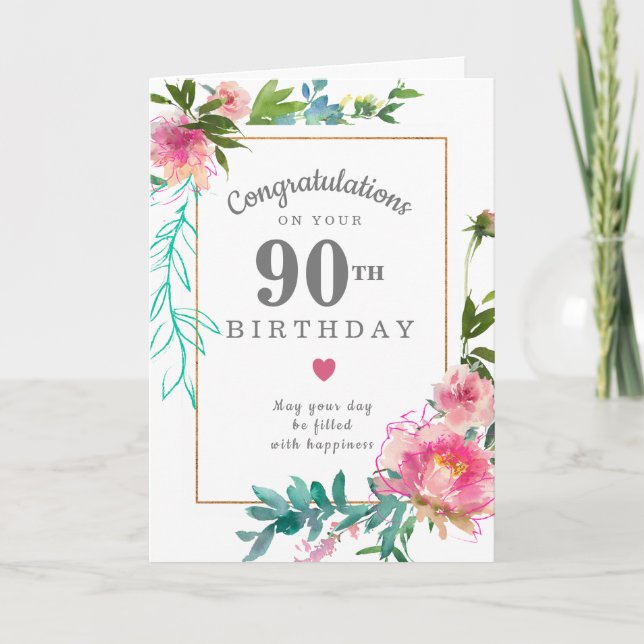 Carte Elégant rose Peony Floral 90e anniversaire (Devant)