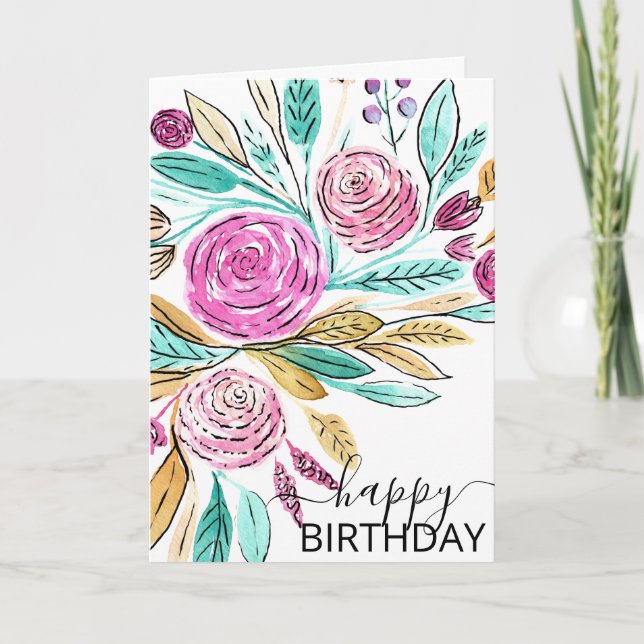 Carte Elégant rose Turquoise aquarelle florale Joyeux an (Devant)