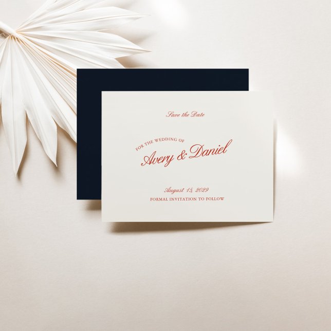 Carte Elégant rouge rétro & bleu profond Enregistrer la  (Elegant Retro Red & Deep Blue Save the Date Card)