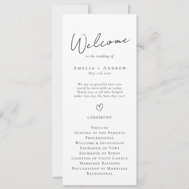 Carte Élégant Script minimal Noir White Wedding Programm (Devant)