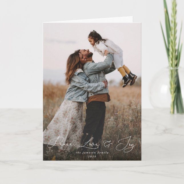 Carte Élégant Script Police Peace Love+Joy Christmas Pho (Devant)