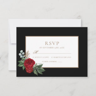 Carte Élégant Script Red Peonies Black & Gold RSVP