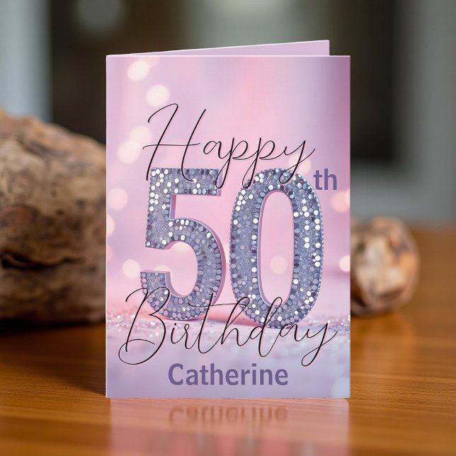 Carte Élégant Séquin d'argent sur Soft Pink 50e annivers (Créateur téléchargé)