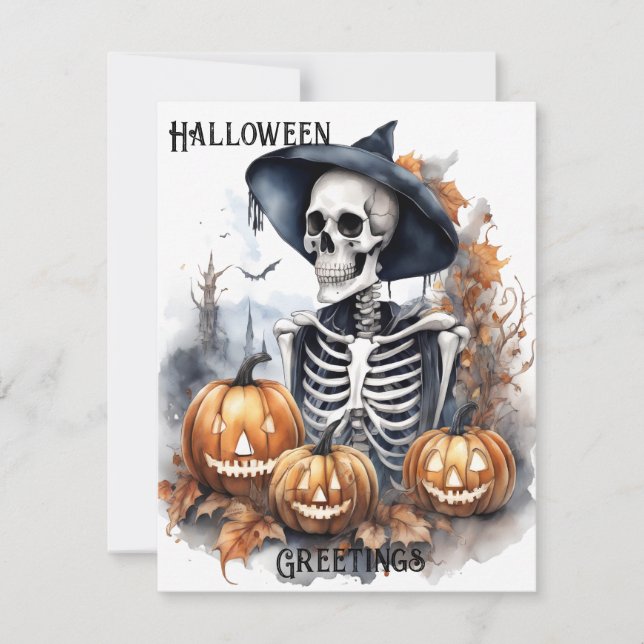 Carte Elégant Squelette Halloween Aquarelle (Devant)