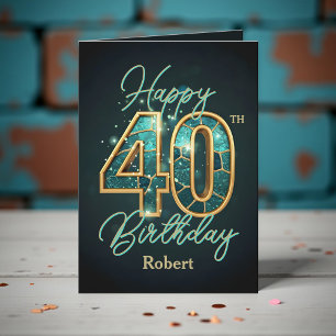 Carte Elégant Turquoise et métal or 40e anniversaire