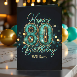 Carte Elégant Turquoise et métal or 80e anniversaire