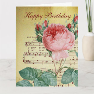 Carte Élégant Vintage Romantique Rose Antique Notes musi