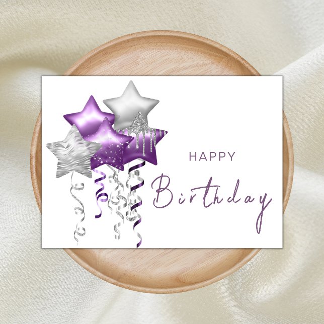 Carte Elégant violet étoiles Balloons moderne Joyeux ann (Créateur téléchargé)