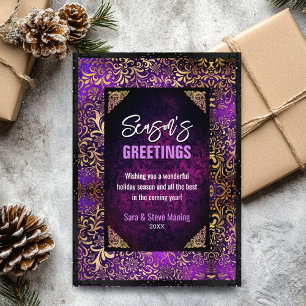 Carte Elégant violet fleuri or Noël Nouvel An