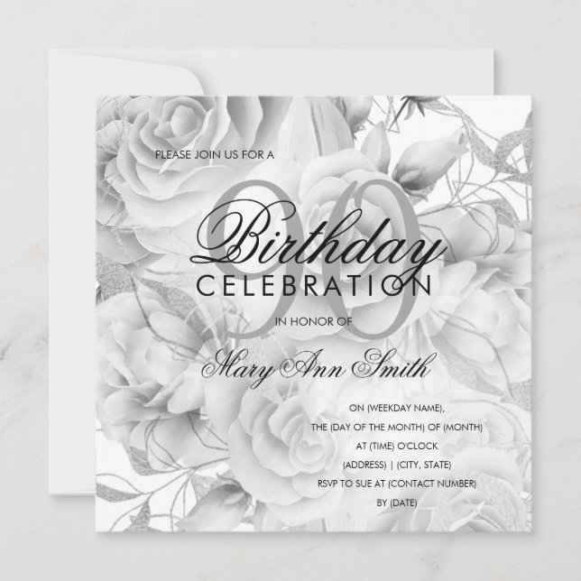 Carte Elégante 90e fête d'anniversaire Floral Argent Bla (Devant)