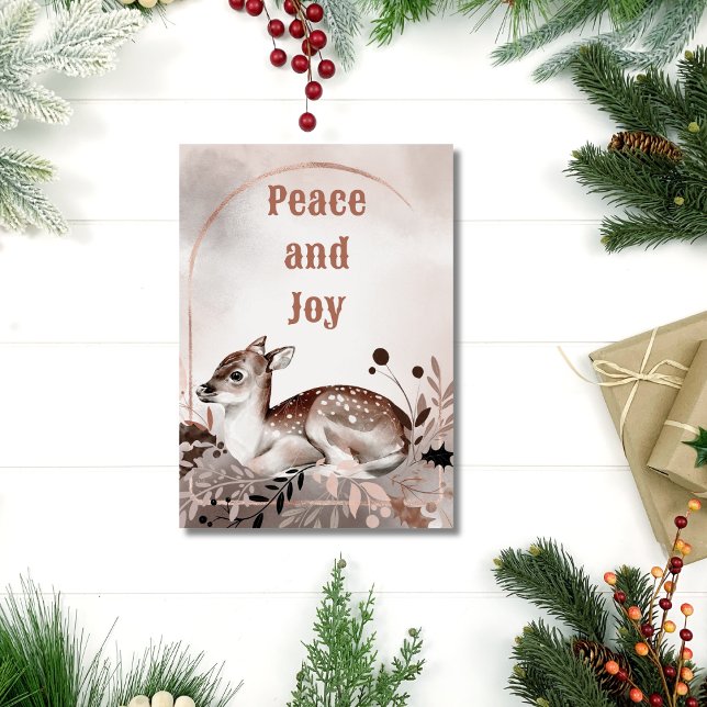 Carte Elégante aquarelle Cerf paix et joie Noël (Elegant Watercolor Peace and Joy Christmas Card)