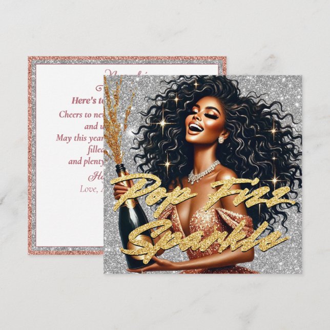 Carte Élégante Black Woman Rose Gold Champagne Nouvel An (Devant / Derrière)