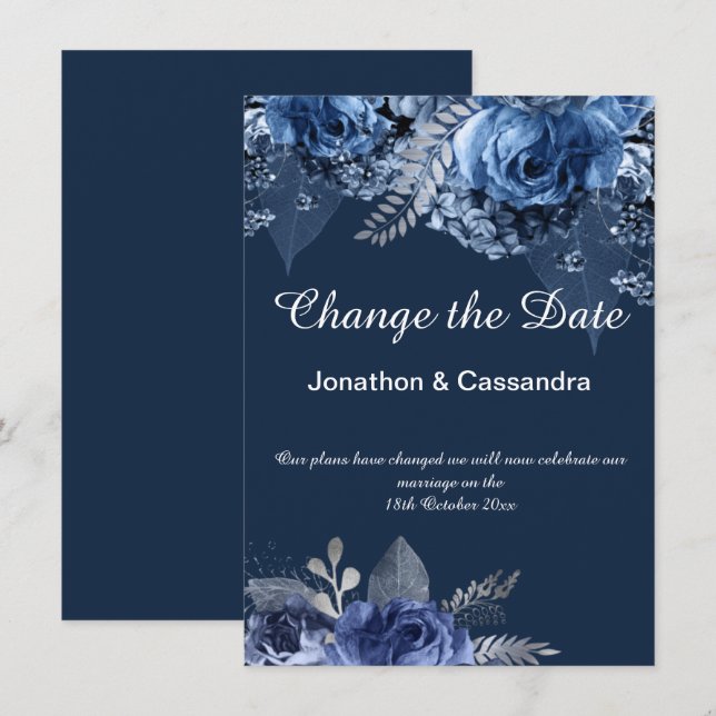 CARTE ÉLÉGANTE BLEUE MARINE FRONTIÈRE FLORALE MODIFIER L (Devant / Derrière)