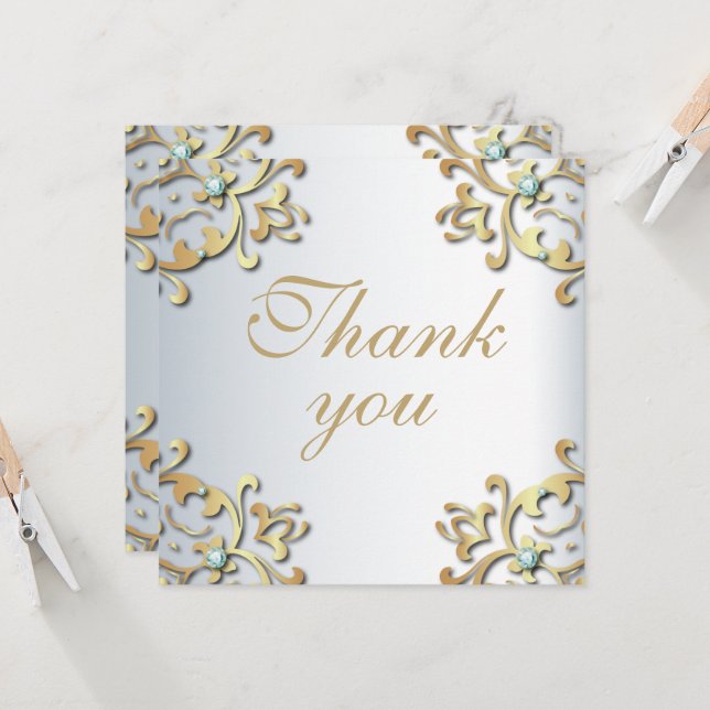 Carte Elégante Bordure Or Baroque Sur Mariage Argent (Devant/Arrière en situation)