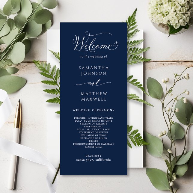Carte Élégante calligraphie Marine Blue Wedding Programm (Créateur téléchargé)