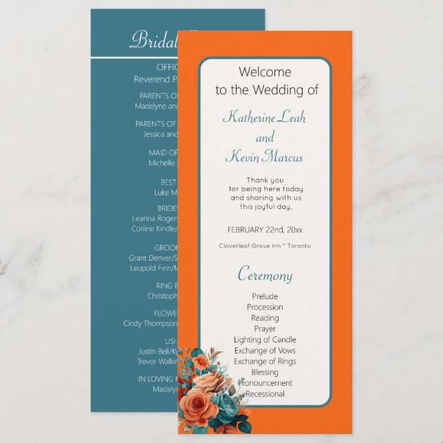 Carte Élégante cérémonie Turquoise et Orange Floral Mari (Devant / Derrière)