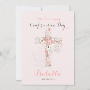 Carte Elégante confirmation rose pâle nom croisé floral