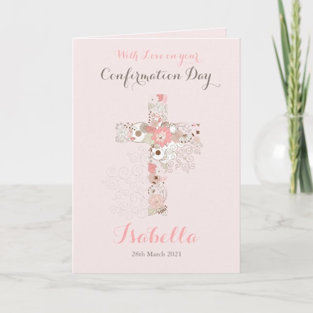 Carte Elégante confirmation rose pâle nom croisé floral (Devant)