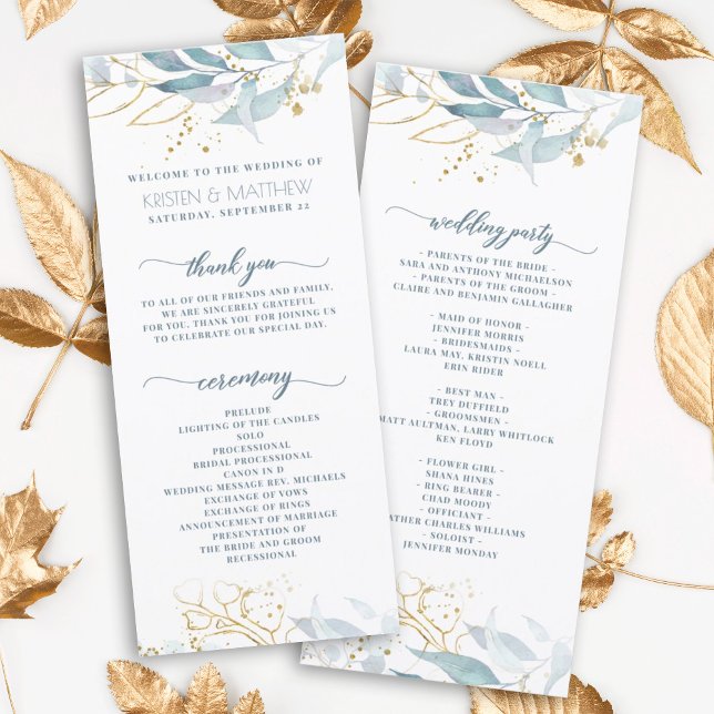 Carte Elégante couleur bleu azur Mariage or floral (Elegant dusty blue greenery with gold accent makes this the perfect program for your boho wedding)